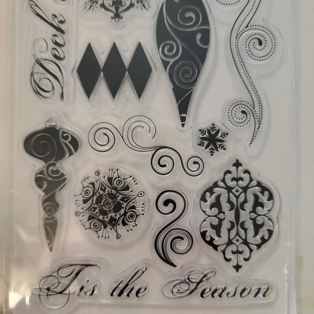 TPC Studio CHRISTMAS GLAMOUR Clear Cling Stamp Set of 15 Swirls Ornaments Flakes